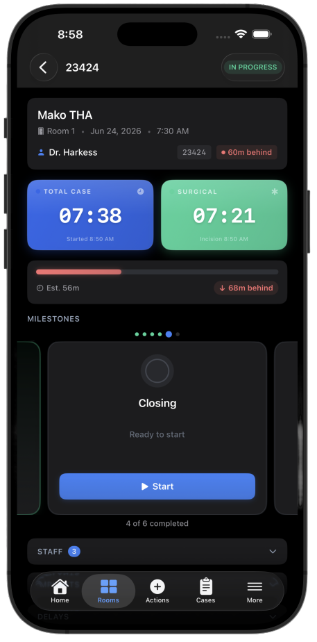 ORbit Surgical iOS app — live operating room case screen showing total-case and surgical timers, a milestone tracker, and schedule pace